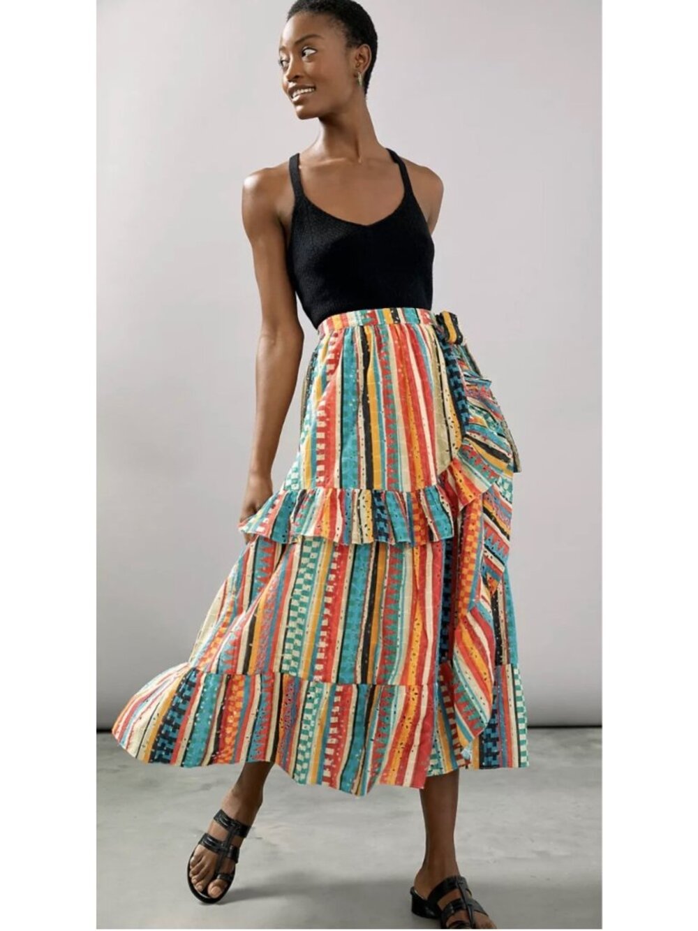 Anthropologie Bea Ruffled Eyelet Wrap Maxi Skirt Medium Multicolor Cottage Daint